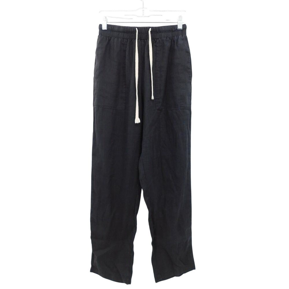 Valeria Label Pants Womens 8 Black 100% Linen Elastic Drawstring Straight Leg